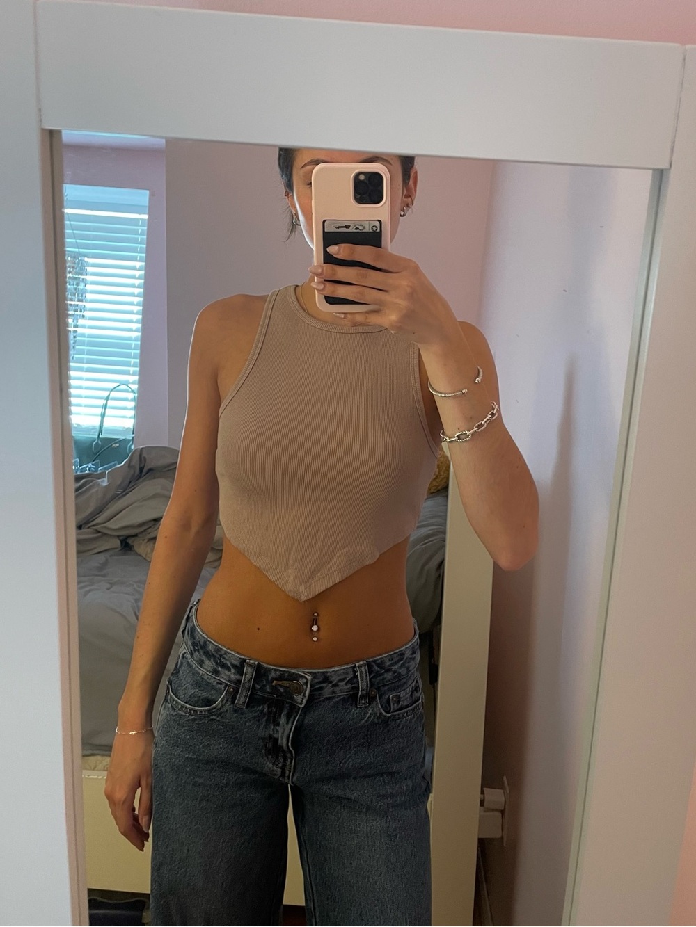 Garage Taupe Pointed-Hem Ribbed Crop Tank